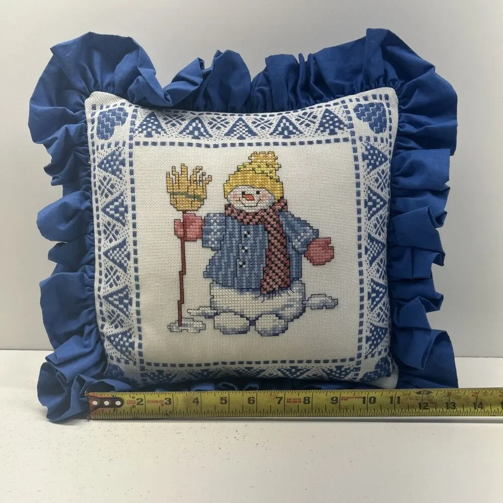 Vintage Handmade Snowman‎ With Broomstick Cross Stitch Throw Pillow EUC